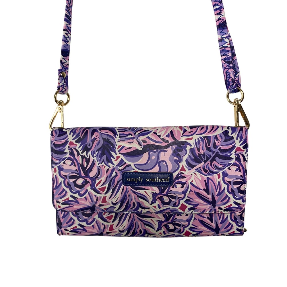 Simply Southern Purple Pink Tropical Palm Crossbody Wallet Purse Bag Floral